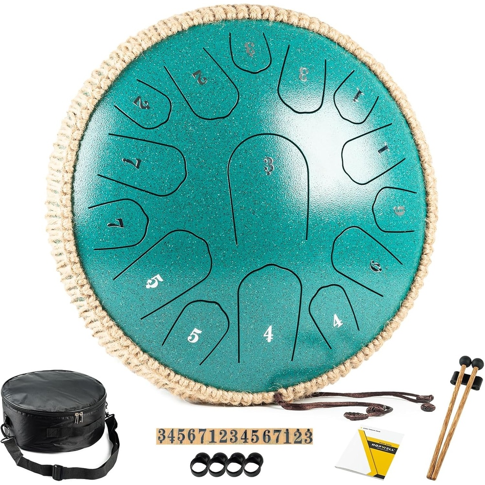 image:imageHOPWELL Steel Tongue Drum 13 Inches 15 Notes Tongue Drum Hand Pan Drum with Music Book Handpan Drums Mallets and Carry Bag D Major Malachite GreenMalachite Green
