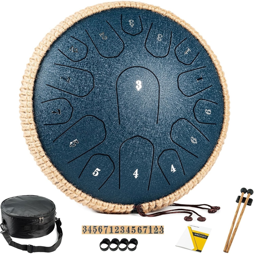 image:imageHOPWELL Steel Tongue Drum 13 Inches 15 Notes Tongue Drum Hand Pan Drum with Music Book Handpan Drums Mallets and Carry Bag D Major Malachite GreenNavy Blue