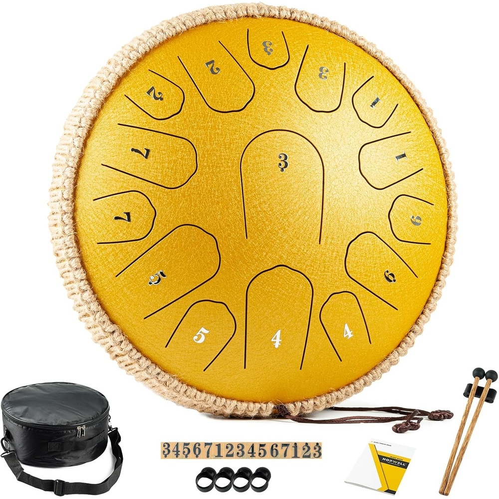 image:imageHOPWELL Steel Tongue Drum 13 Inches 15 Notes Tongue Drum Hand Pan Drum with Music Book Handpan Drums Mallets and Carry Bag D Major Malachite GreenYellow