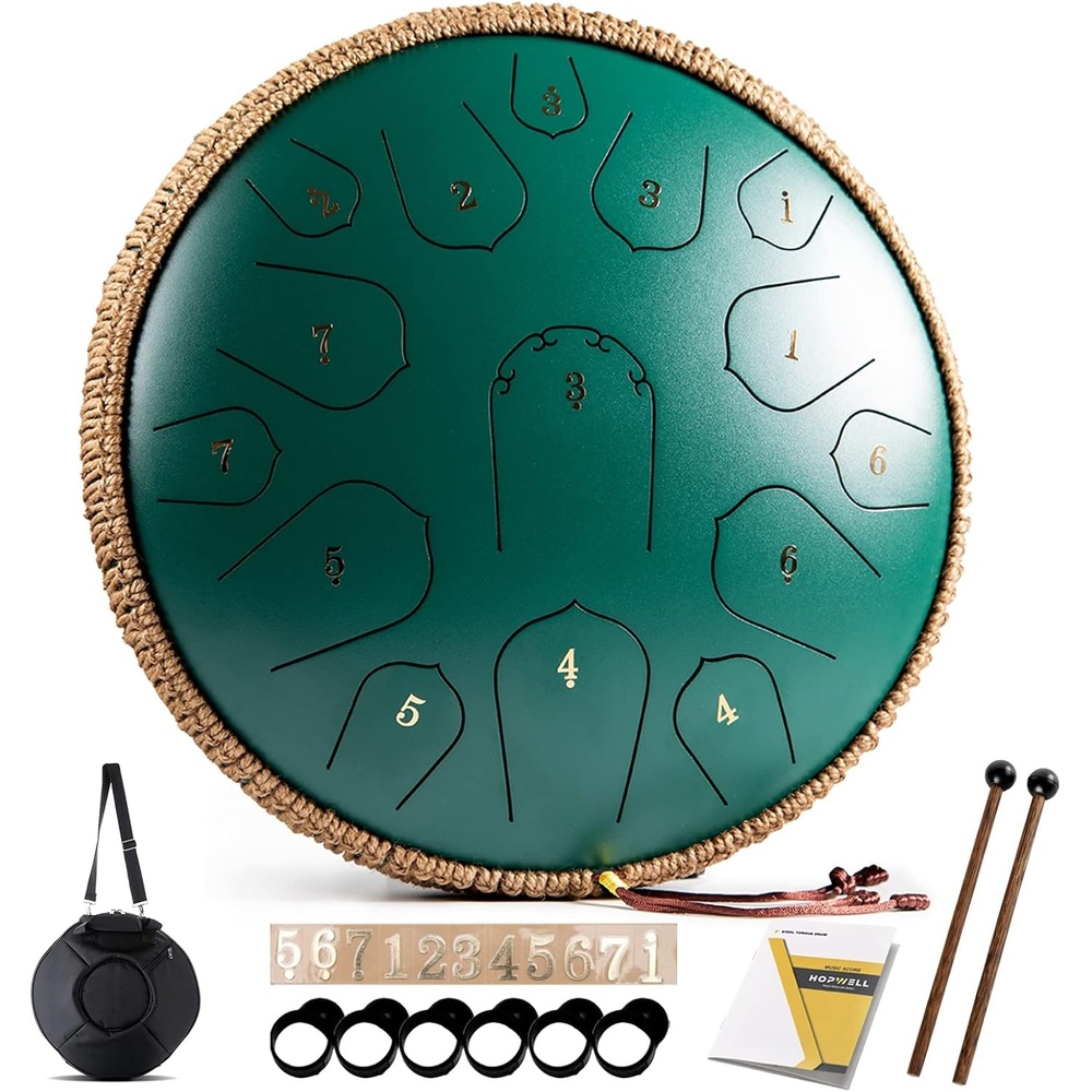 image:imageSteel Tongue Drum  HOPWELL 15 Note 14 Inch Tongue Drum  Hand Pan Drums with Music Book Steel Handpan Drum Mallets and Carry Bag D Major BlackGreen