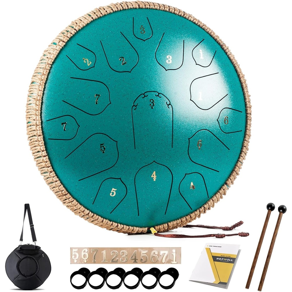 image:imageSteel Tongue Drum HOPWELL 15 Note 14 Inch Tongue Drum Hand Pan Drums with Music Book Steel Handpan Drum Mallets and Carry Bag D Major BlackMalachite Green
