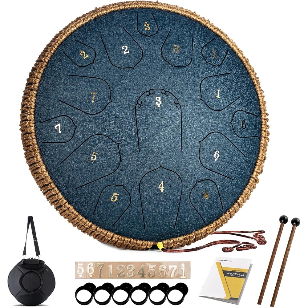 image:imageSteel Tongue Drum HOPWELL 15 Note 14 Inch Tongue Drum Hand Pan Drums with Music Book Steel Handpan Drum Mallets and Carry Bag D Major BlackNavy Blue